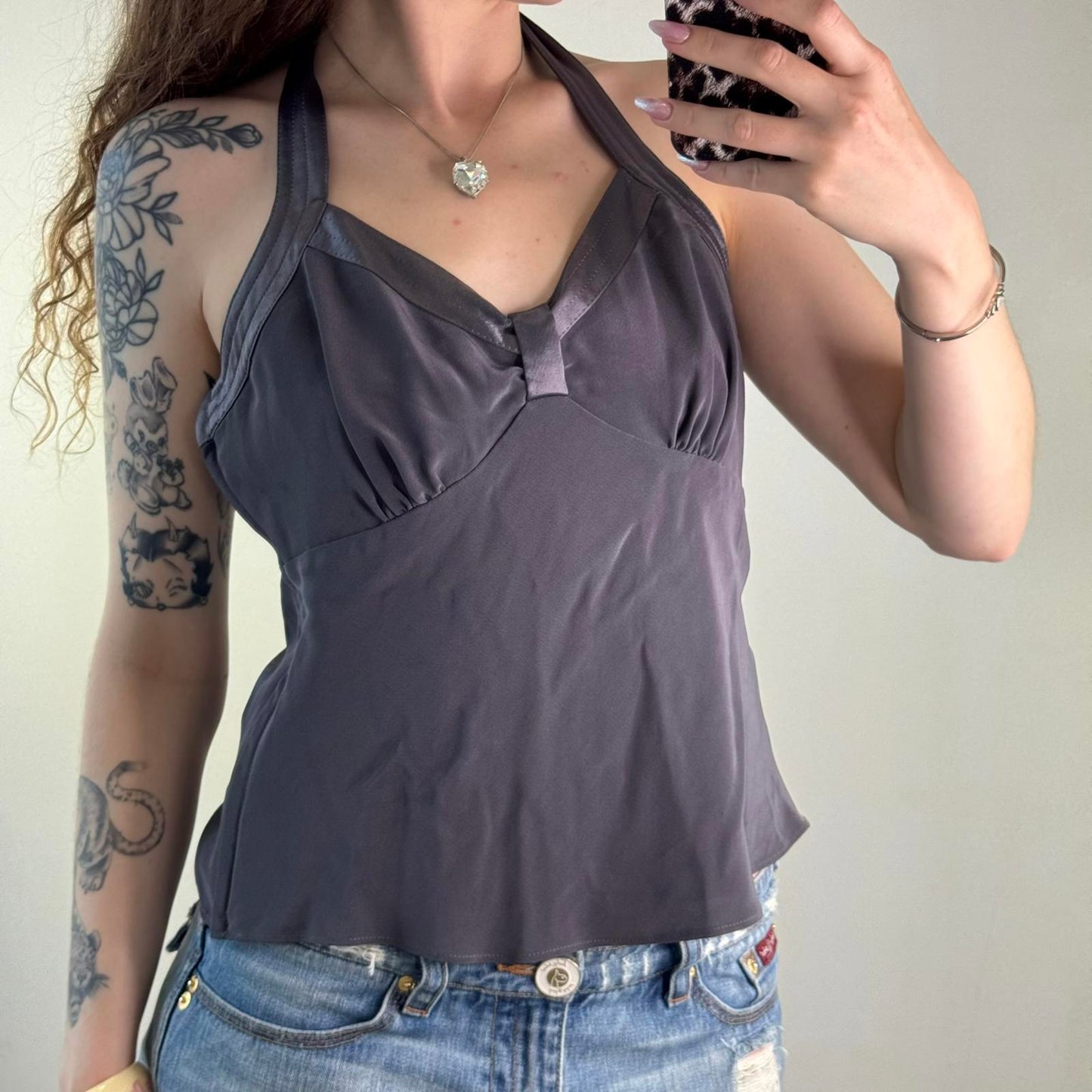 Y2K vintage halter neck top bow ruched grey satin trim fitted