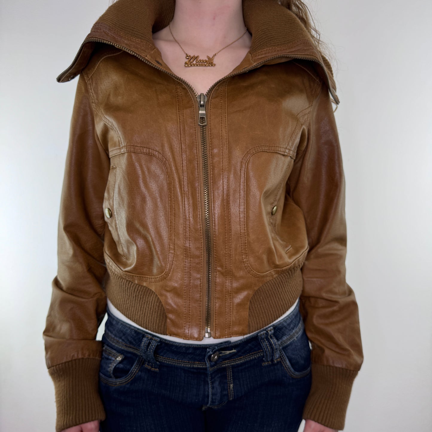 Y2K vintage brown zip up leather jacket