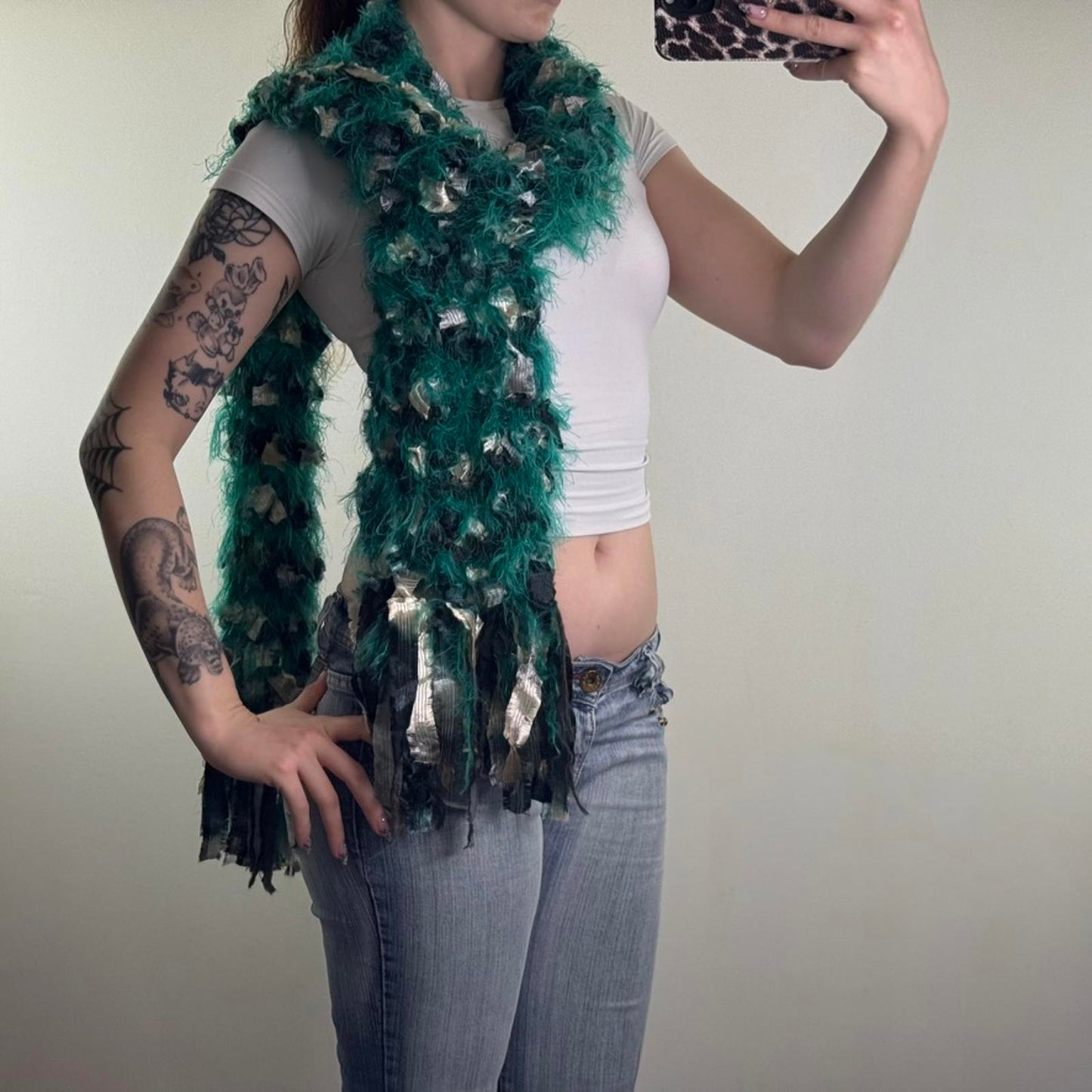Y2K vintage Phase Eight chunky fluffy scarf green grey cream shaggy