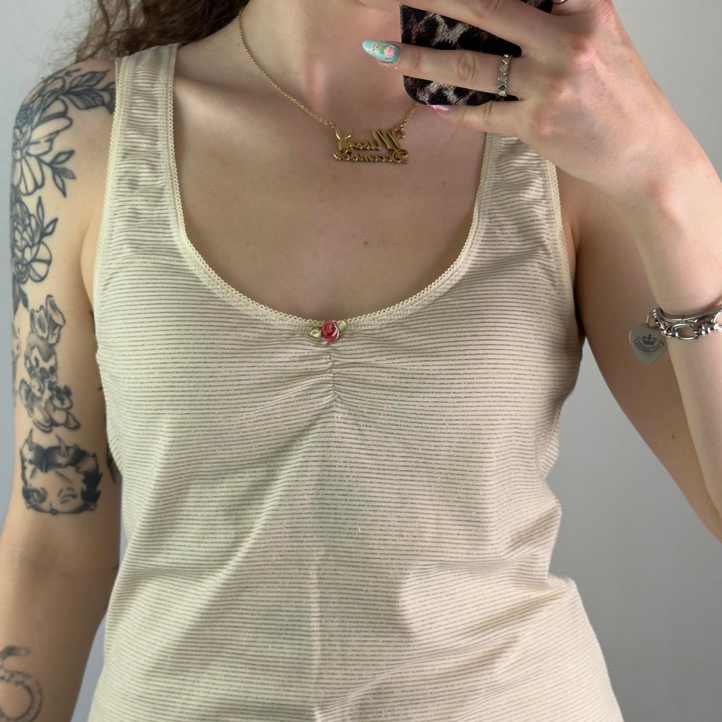 Y2K vintage stripe glitter v neck tank top lace trim 3D rose cream gold stretchy