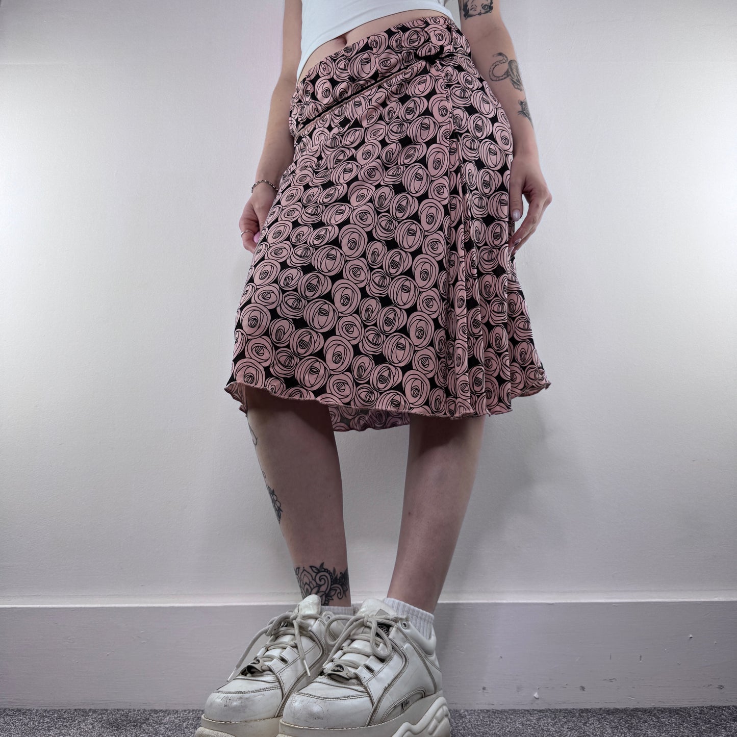 Y2K vintage floral rose bow midi skirt