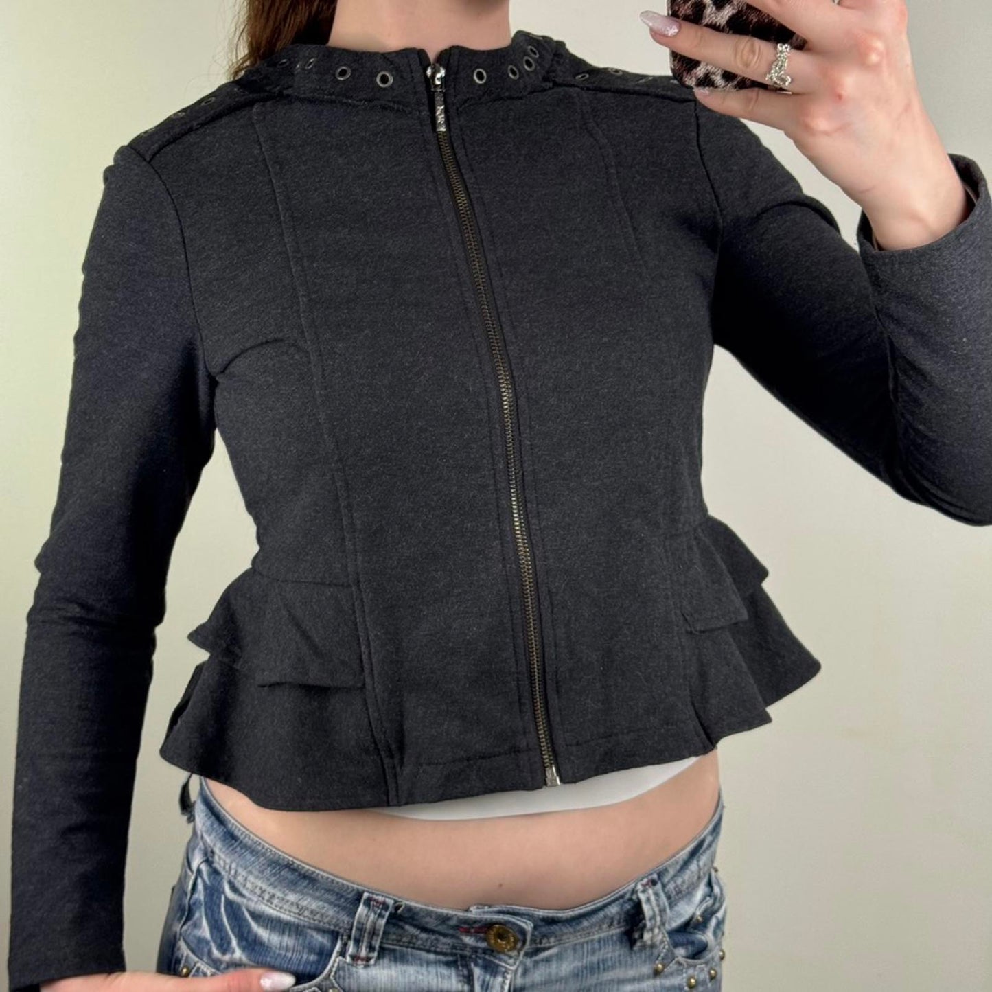 Y2K vintage zip up jumper grommet ruffle frill marl dark grey archive cropped