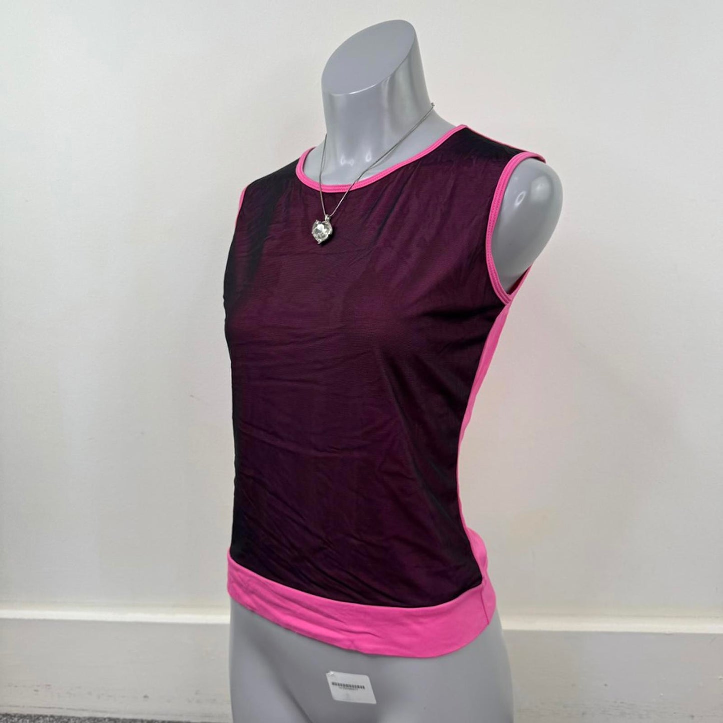 Y2K vintage mesh tank top pink black sleeveless round neck stretch fitted slinky