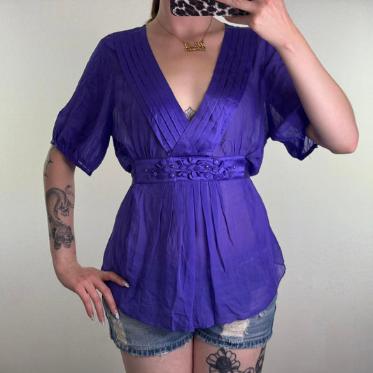 Y2K vintage silk flowy sheer blouse short sleeve v neck floral beaded tie bow