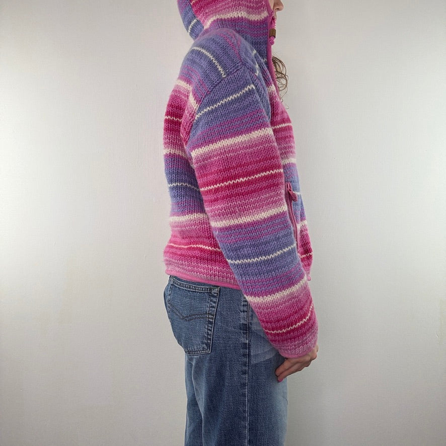 Pachamama wool knit hoodie fleece lined zip up stripe