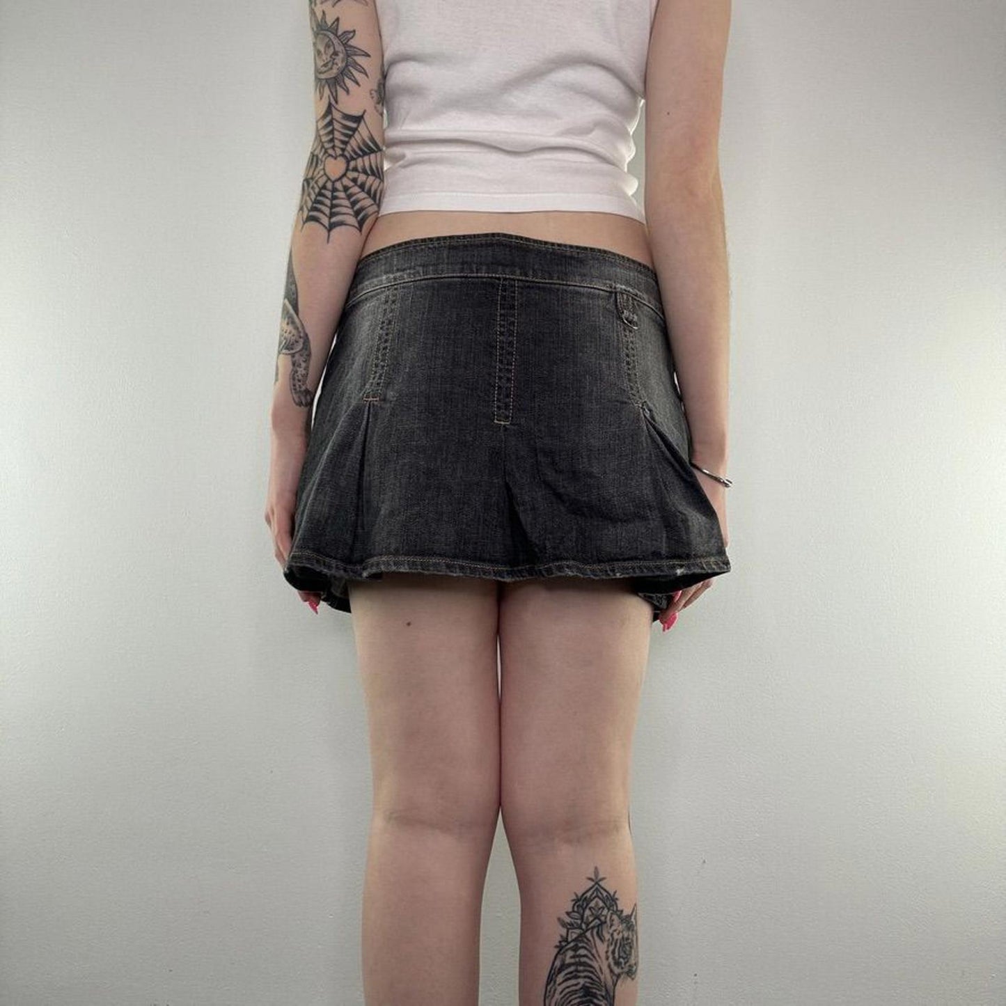 Y2K vintage denim mini skirt faded cargo pleated grey black pockets a line short