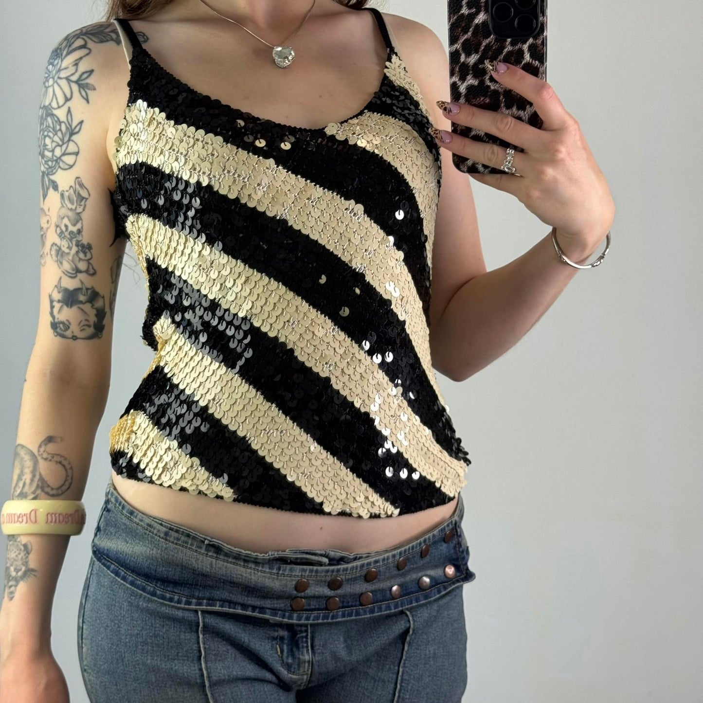 Y2K vintage sequin stripe cami top round neck crochet knit strappy festival