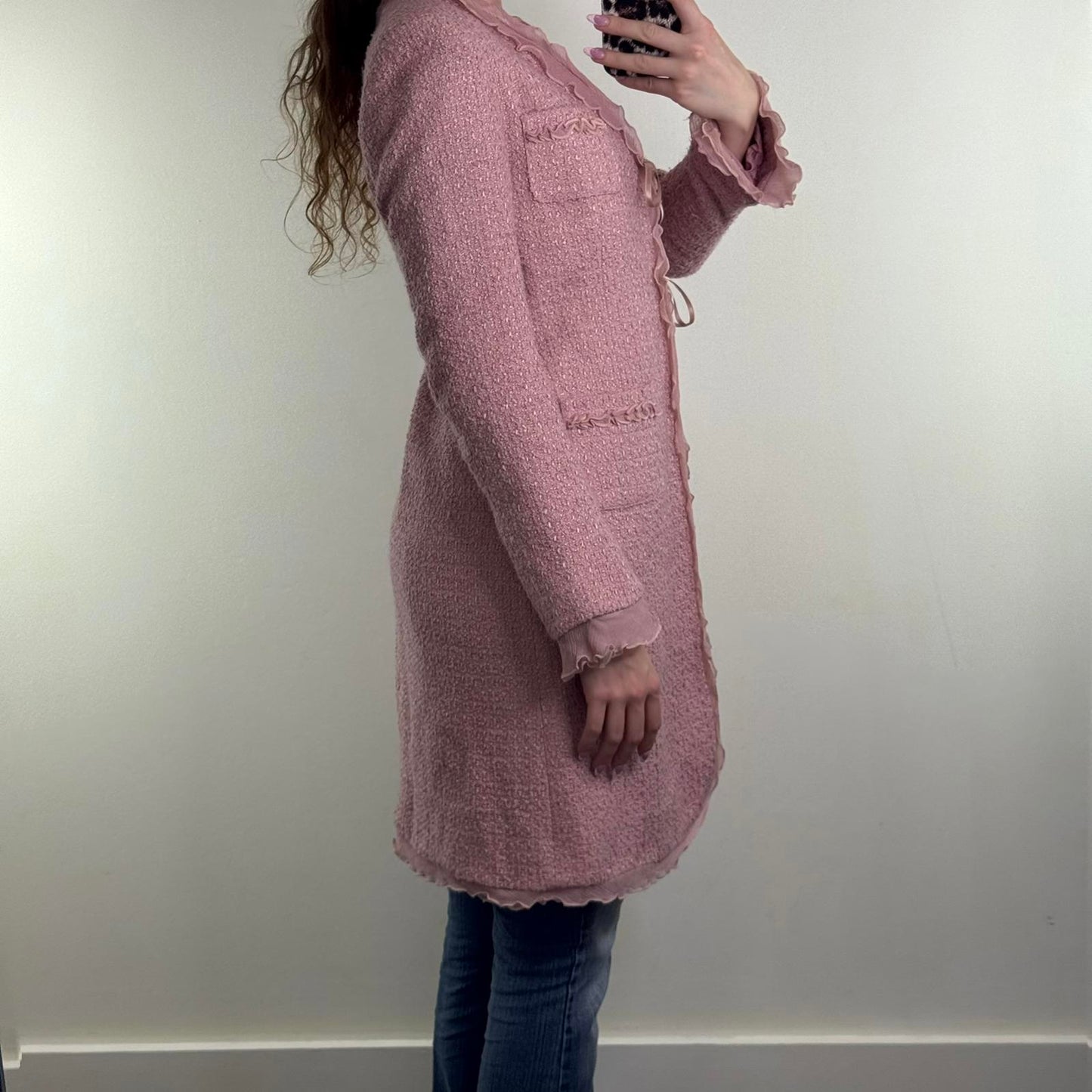 Y2K vintage wool blend long trench coat shoulder pads frill pink bow tweed