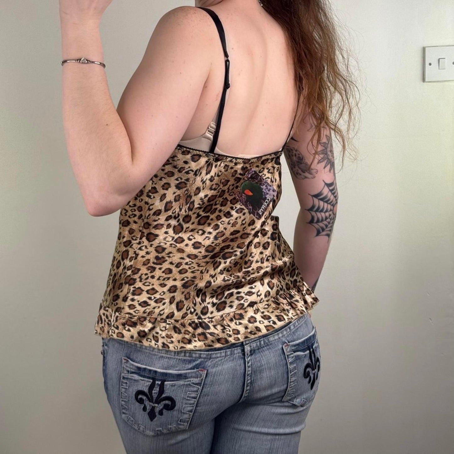 Y2K vintage cami top leopard print satin bow ruffle hem lace trim