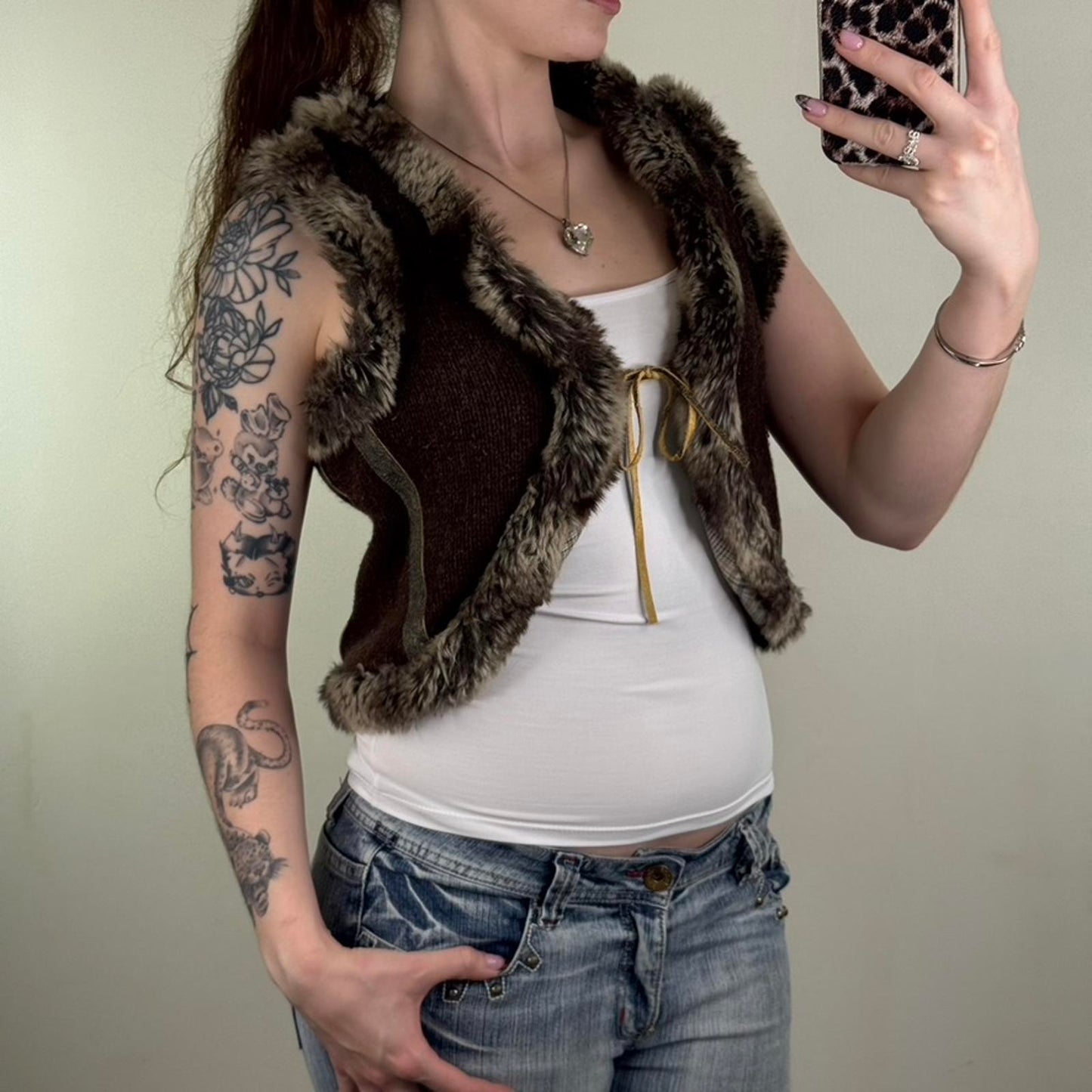 Y2K vintage wool blend gilet faux fur cropped knit open bow front sleeveless