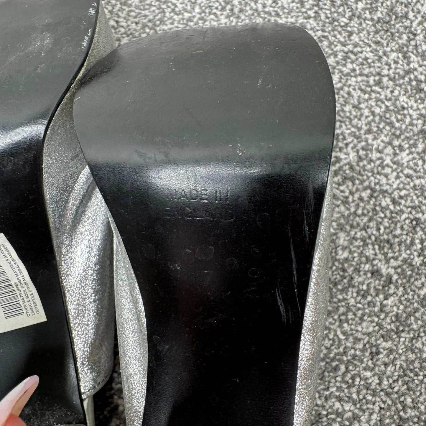 Y2K vintage Metro chunky platform heels silver metallic peep toe mules