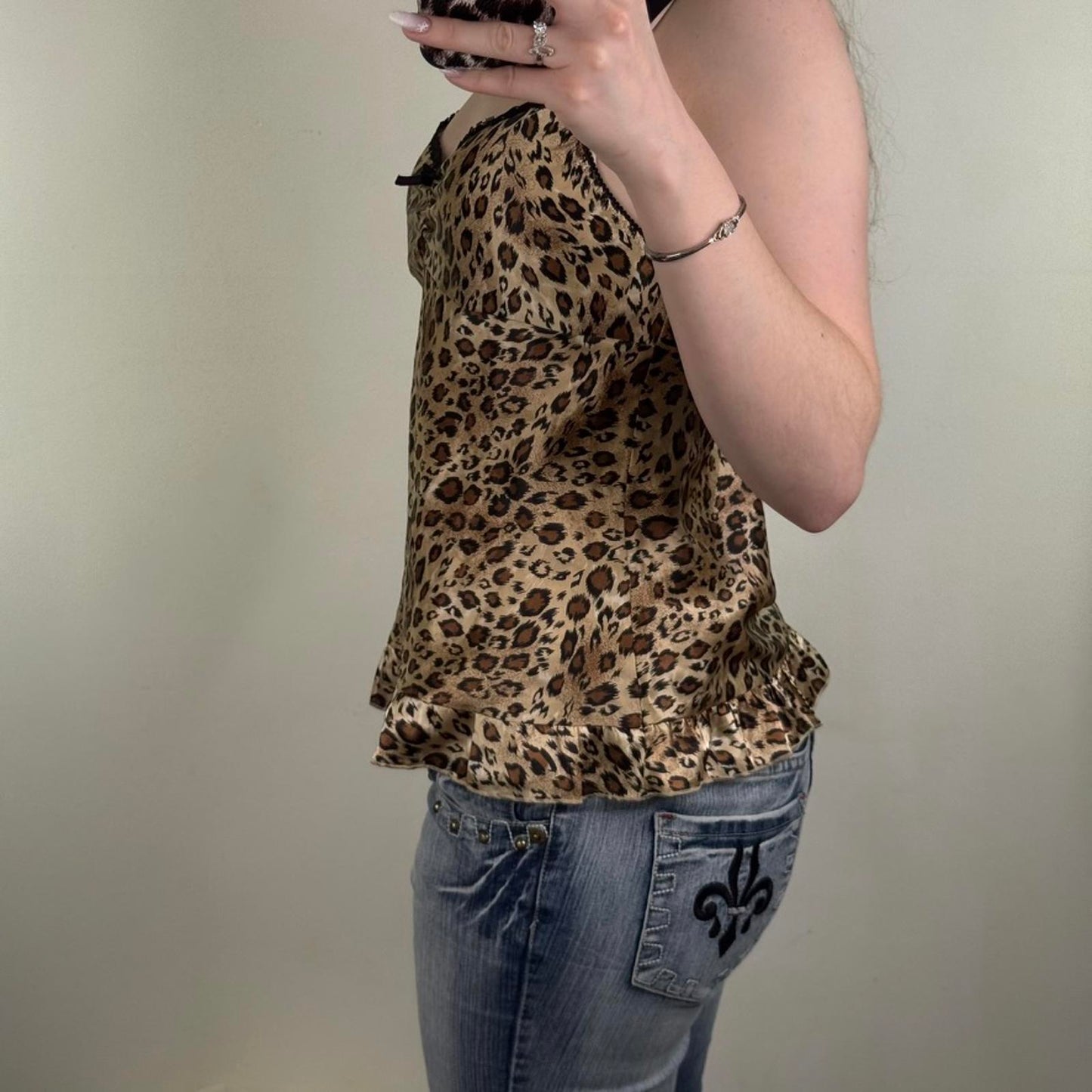 Y2K vintage cami top leopard print satin bow ruffle hem lace trim