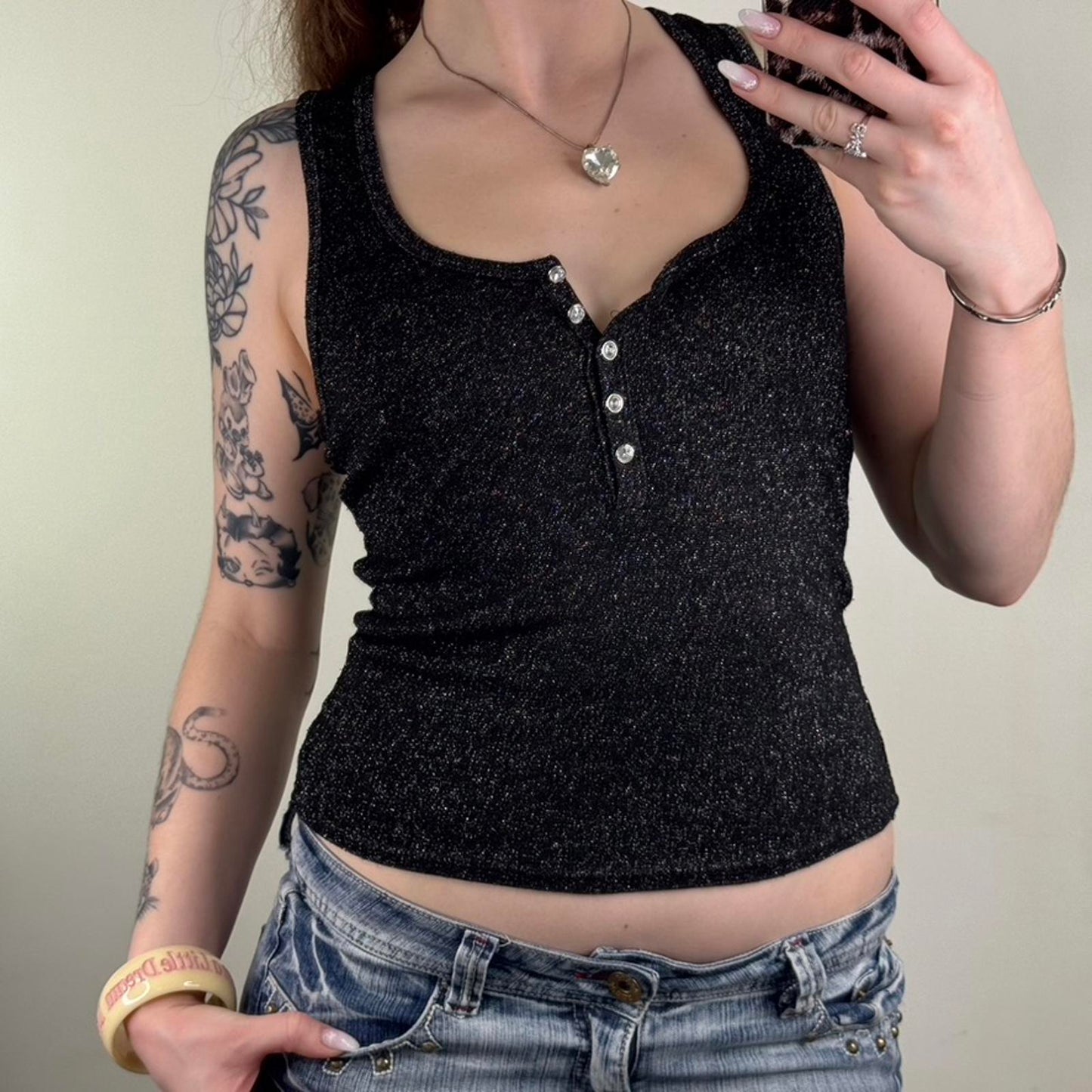 Y2K vintage Jane Norman tank top sparkly glitter rhinestone scoop neck fitted