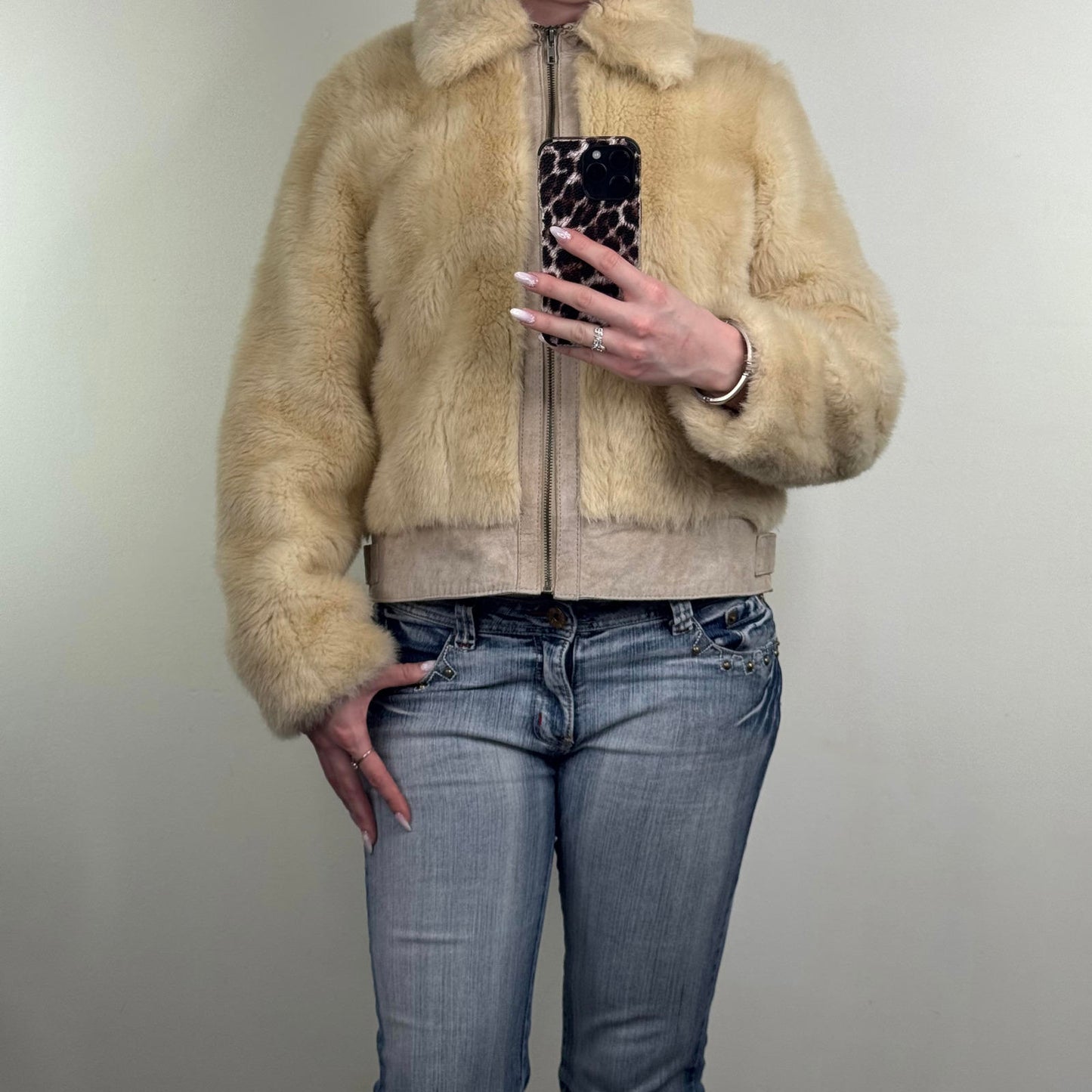 Y2K vintage faux fur zip up coat genuine suede trim collar beige fluffy