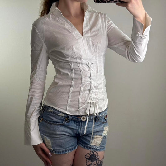 Y2K vintage stretchy long sleeve shirt lace up v neck blouse office tailored