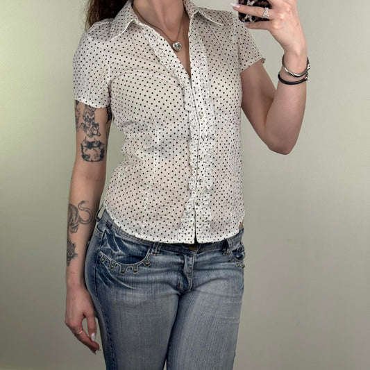 Y2K vintage polka dot blouse short sleeve ruffle v neck shirt black white spotty