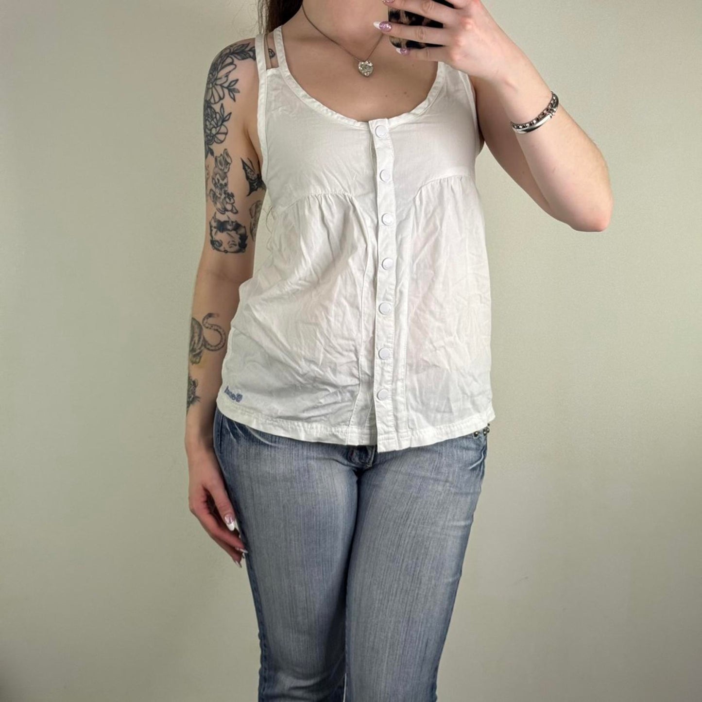 Y2K vintage Bench button up top sleeveless blouse round neck strappy flowy