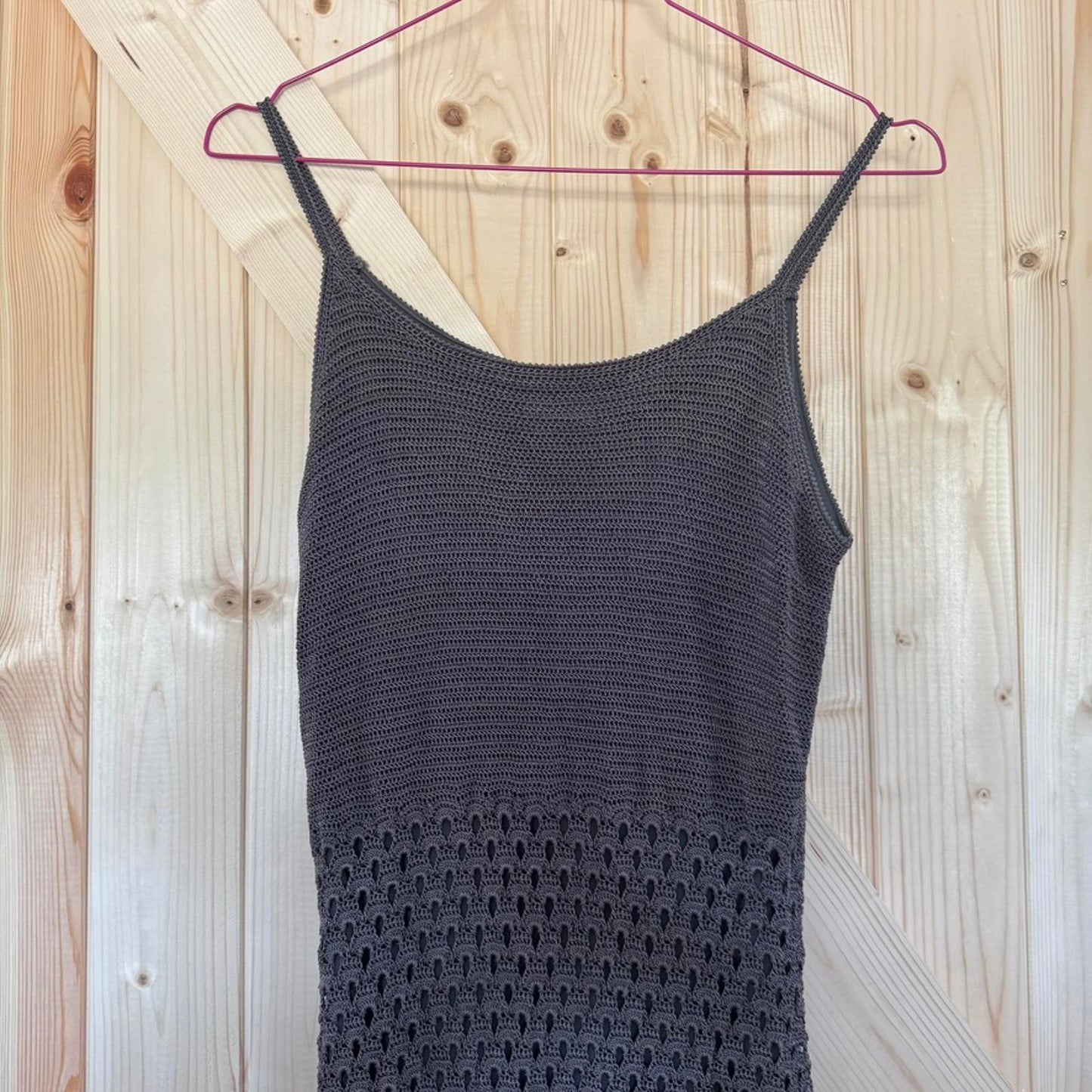 Y2K vintage crochet maxi dress dark grey double lined round neckline summer