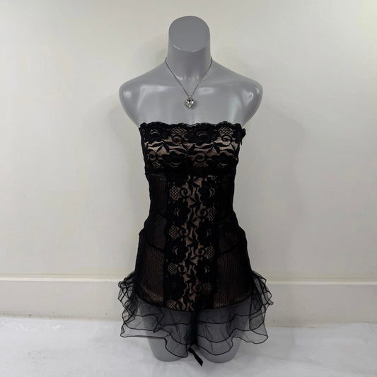 Y2K vintage La Senza babydoll dress top strapless lace trim ruffle lace up mesh