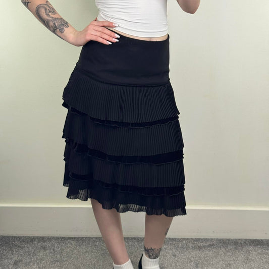 Y2K vintage pleated ruffle midi skirt layered tiered black velvet trim tailored