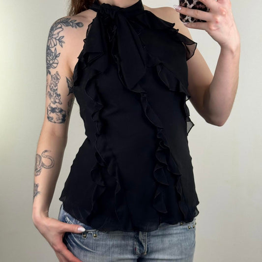 Y2K vintage high neck ruffle sleeveless blouse keyhole oversized bow black