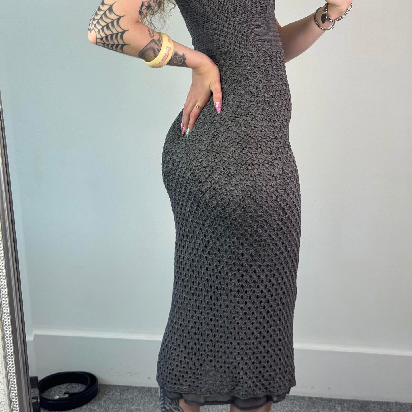 Y2K vintage crochet maxi dress dark grey double lined round neckline summer