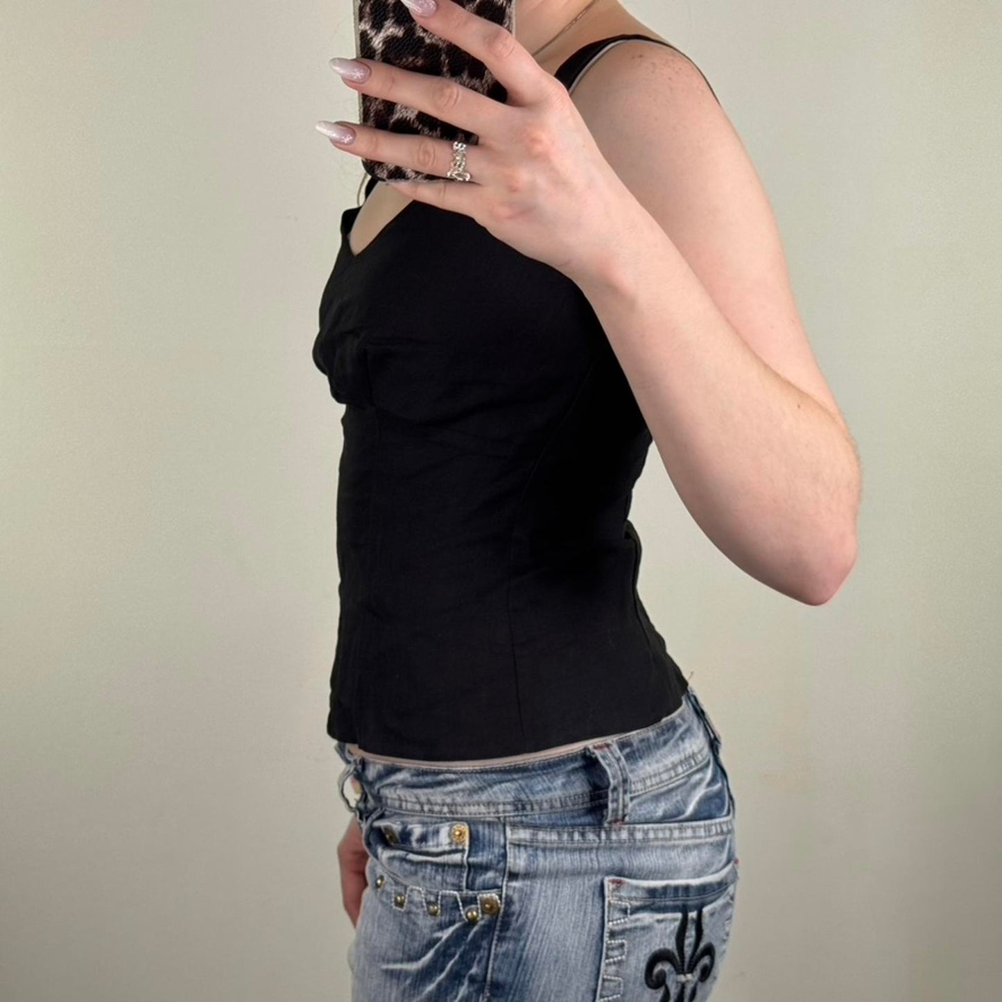 Y2K vintage linen blend tank fitted v neck tank tailored fitted black