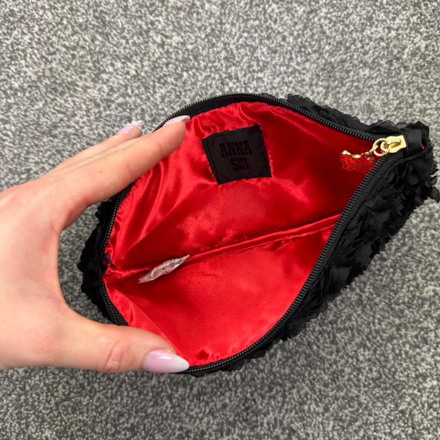 Anna Sui 3D rose floral makeup bag cosmetic gold butterfly zipper closure