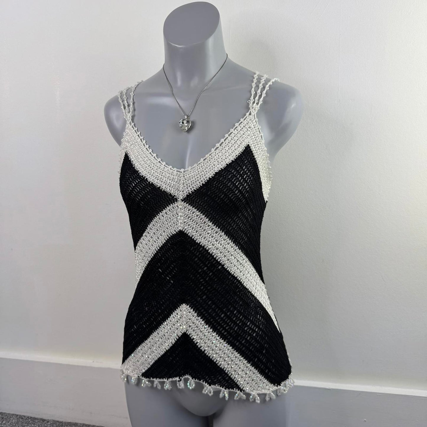 Y2K vintage crochet beaded sheer knit tank top strappy racerback chevron print
