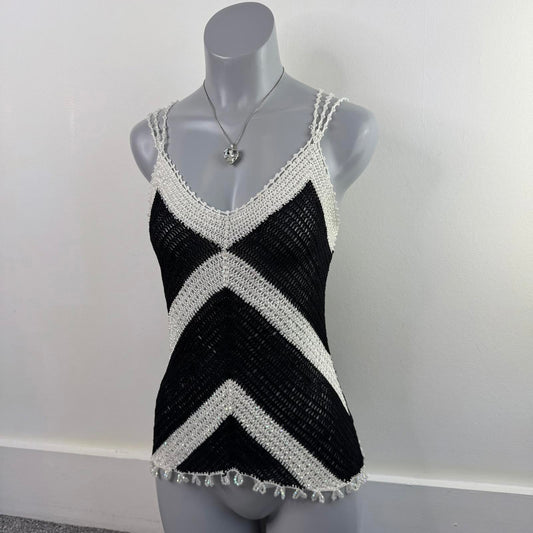 Y2K vintage crochet beaded sheer knit tank top strappy racerback chevron print
