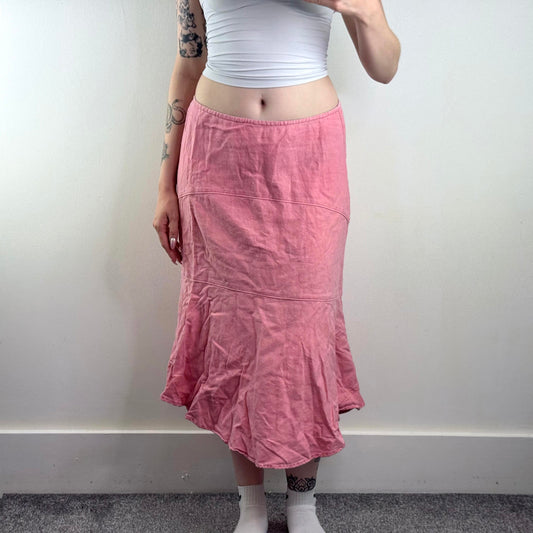 Y2K vintage linen/ cotton salmon pink maxi skirt curved hem