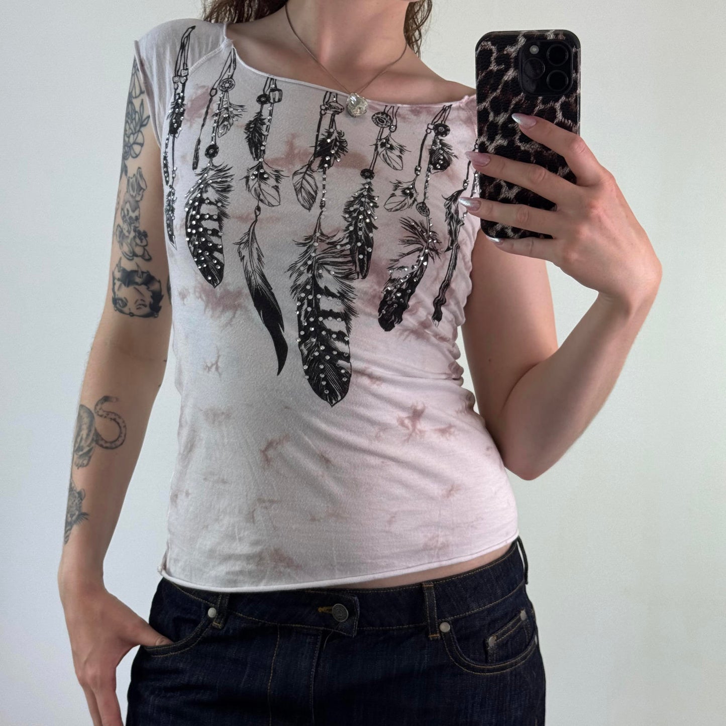 Y2K vintage feather rhinestone tie dye open neck top off the shoulder 2010s