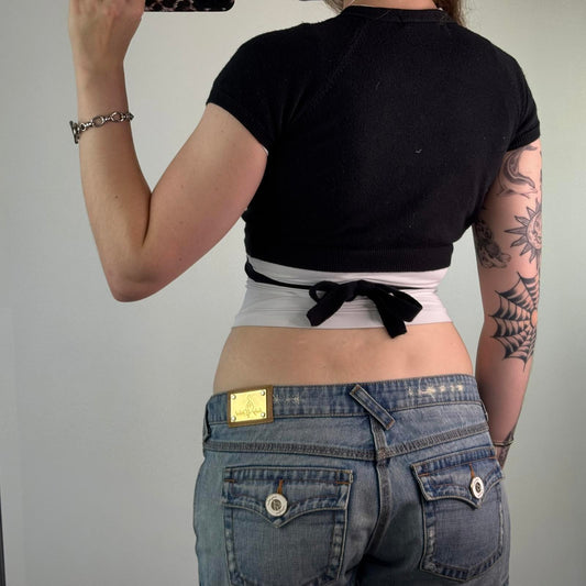 Y2K vintage cropped fine knit wrap around bow top cardigan v neck short sleeve