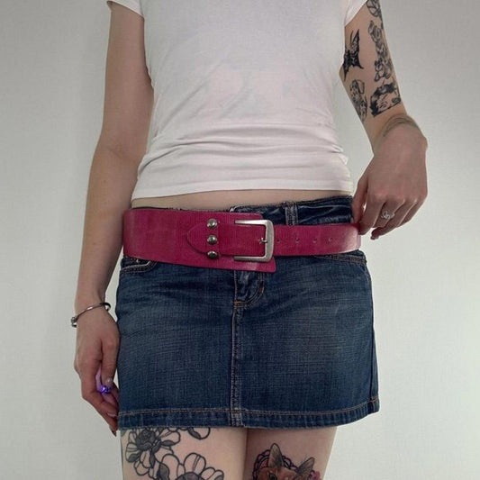 Vintage faux leather belt chunky hot pink silver buckle studded asymmetrical