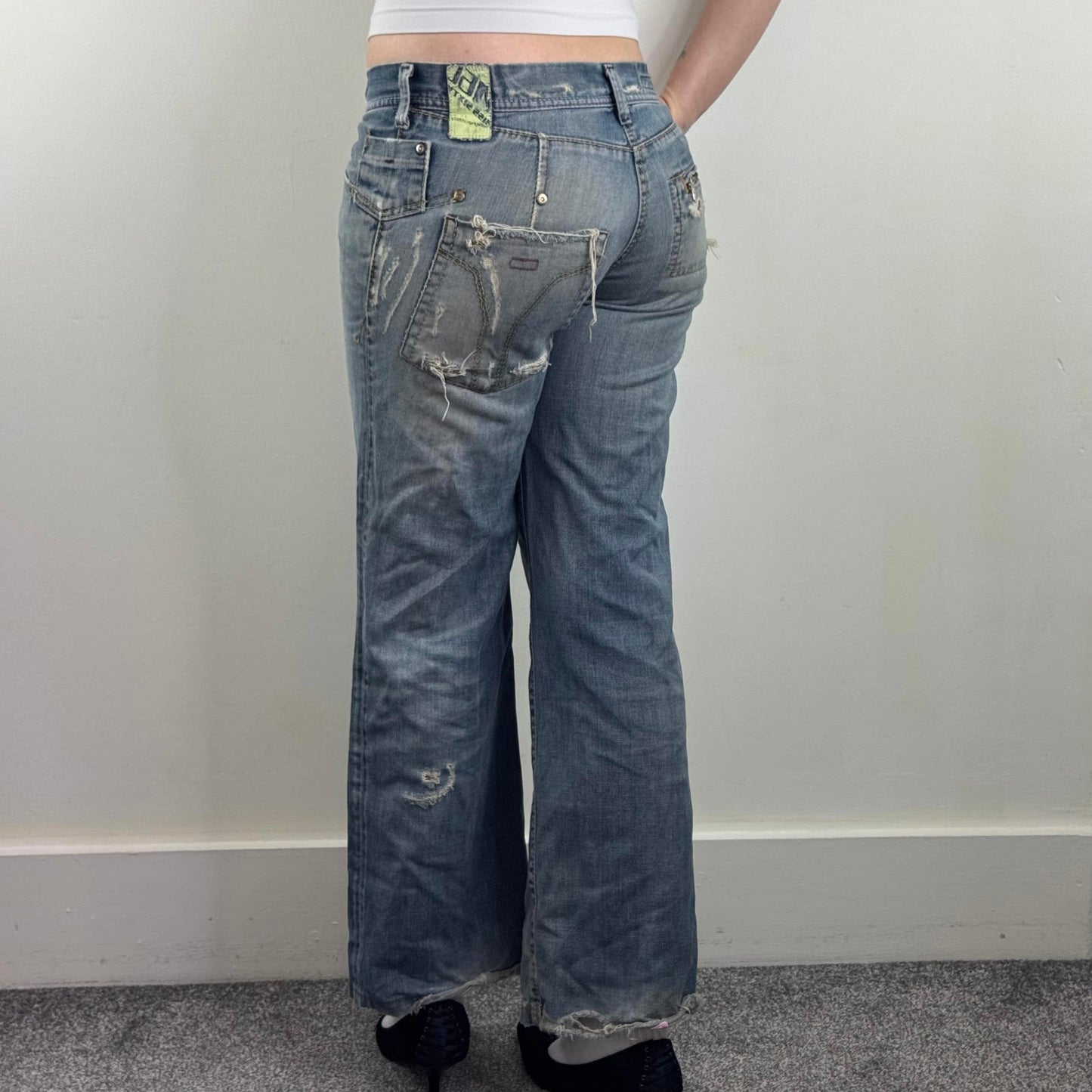 Y2K vintage Miss Sixty low rise jeans wide flare leg baggy distressed dirty wash
