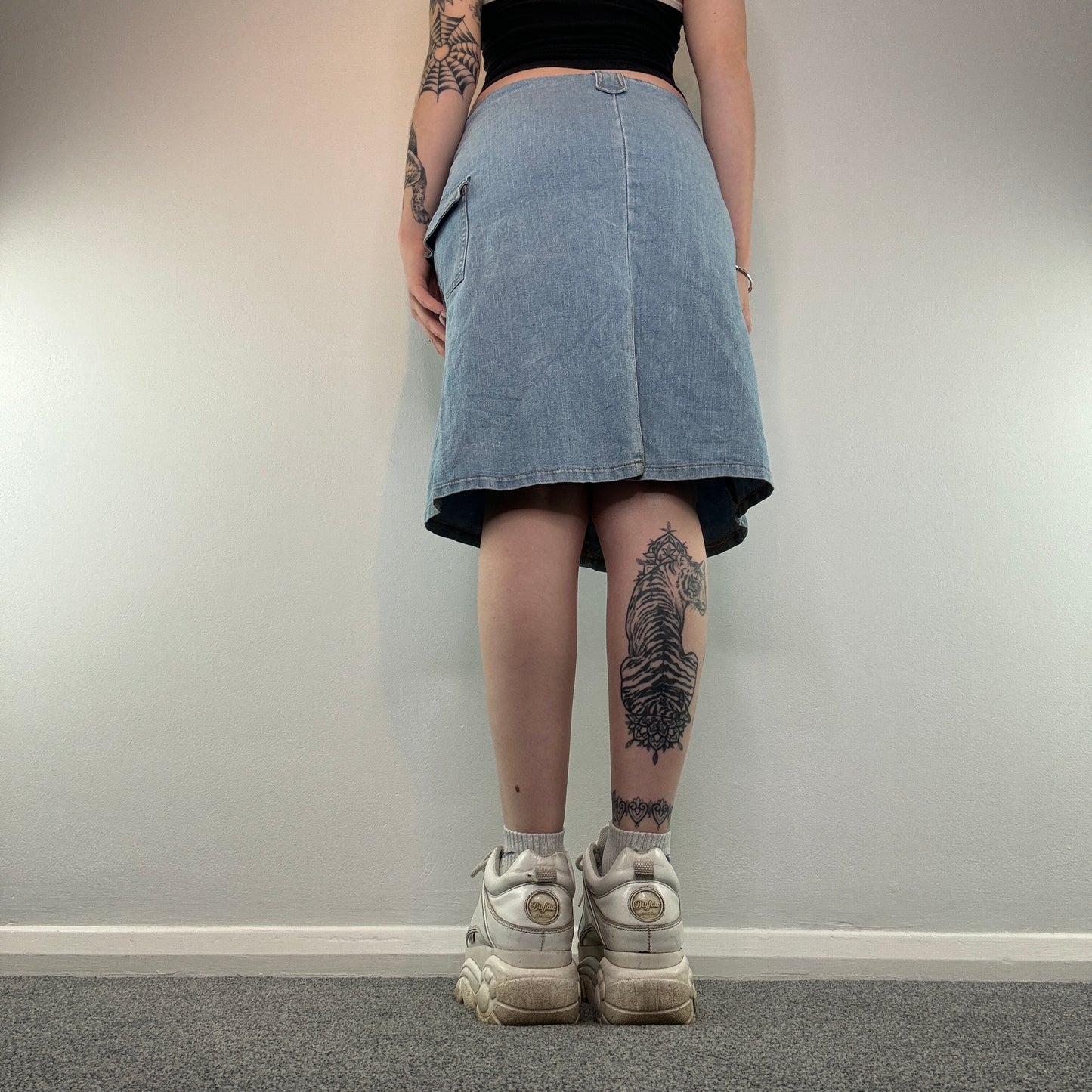 Y2K denim cargo midi skirt