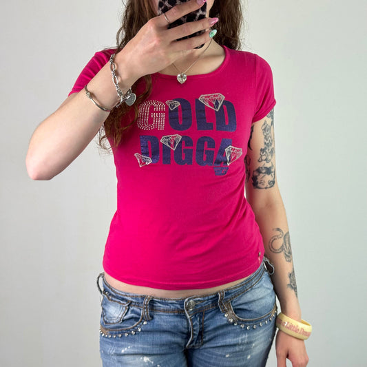 Y2K vintage Golddigga baby tee t shirt short sleeve rhinestone graphic print top