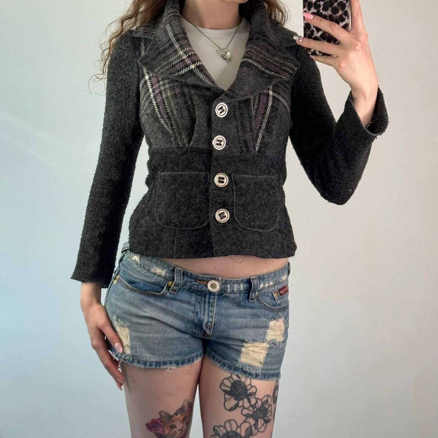 Y2K vintage archive tartan plaid button up wool blazer jacket fitted tailored