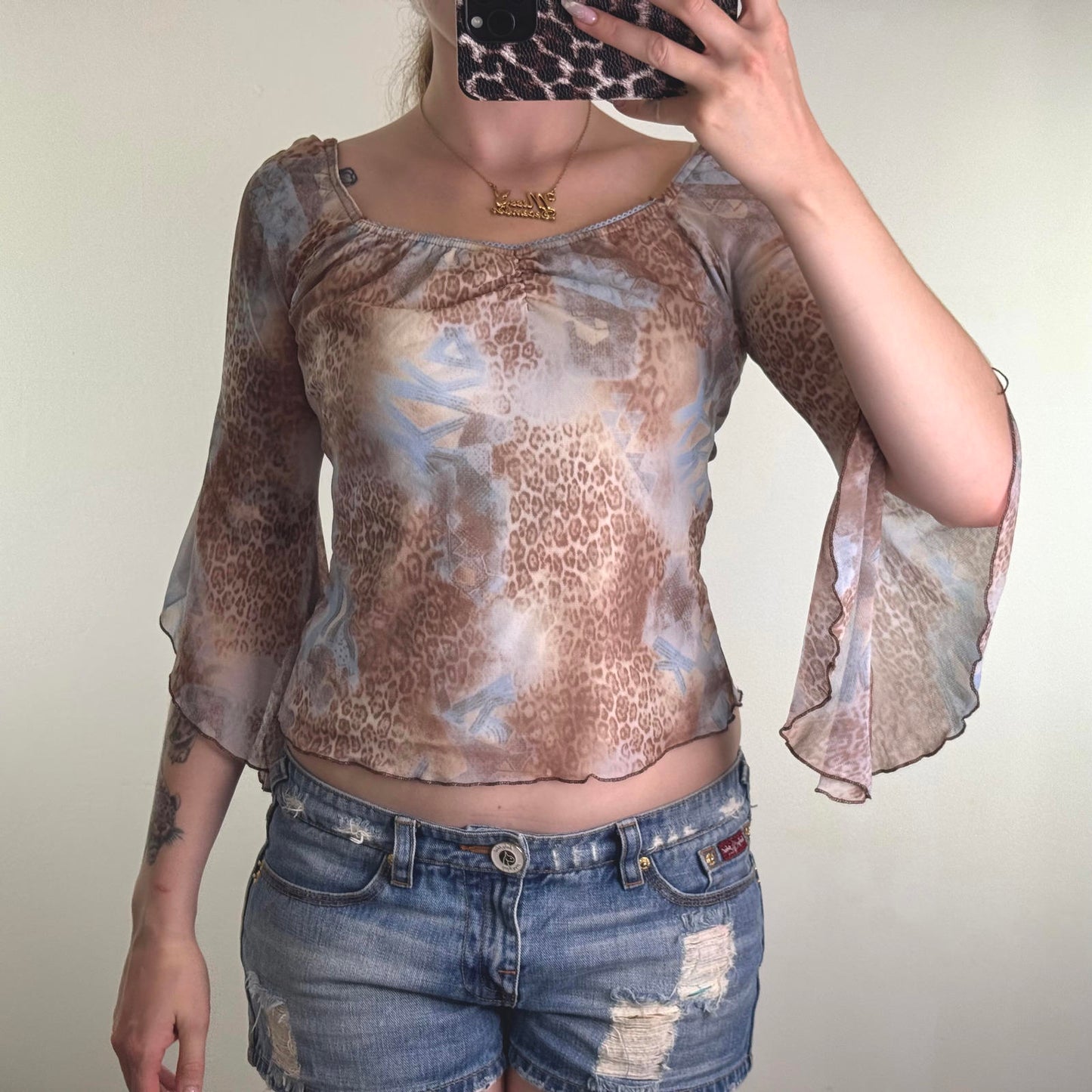 Y2K vintage mesh flare bell sleeve leopard print top ruched bust overlay