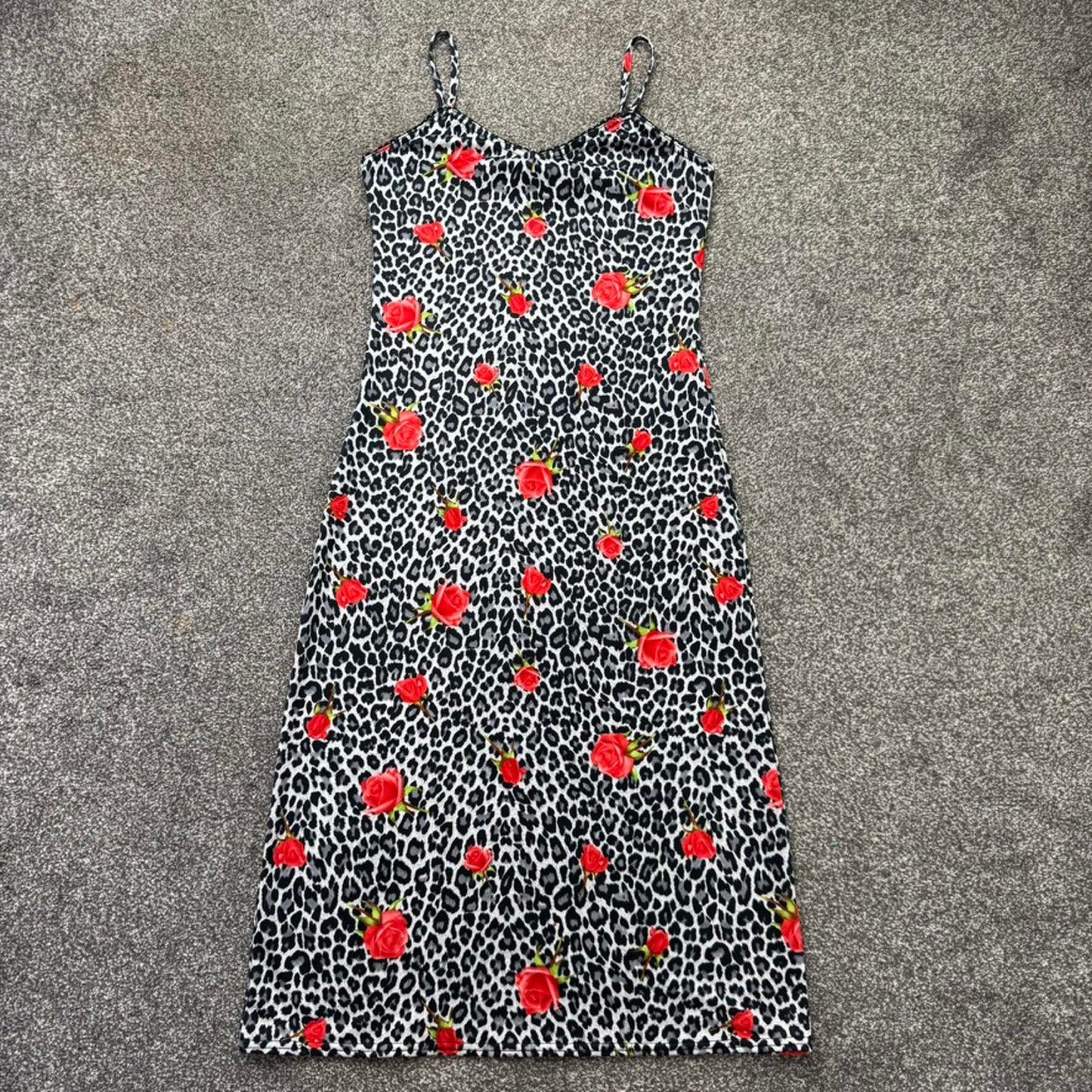 Y2K vintage slinky leopard print rose floral midi dress stretchy fitted strappy