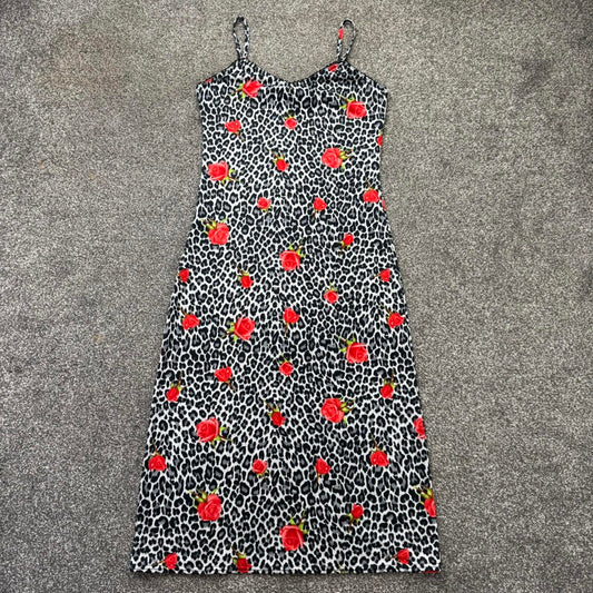Y2K vintage slinky leopard print rose floral midi dress stretchy fitted strappy