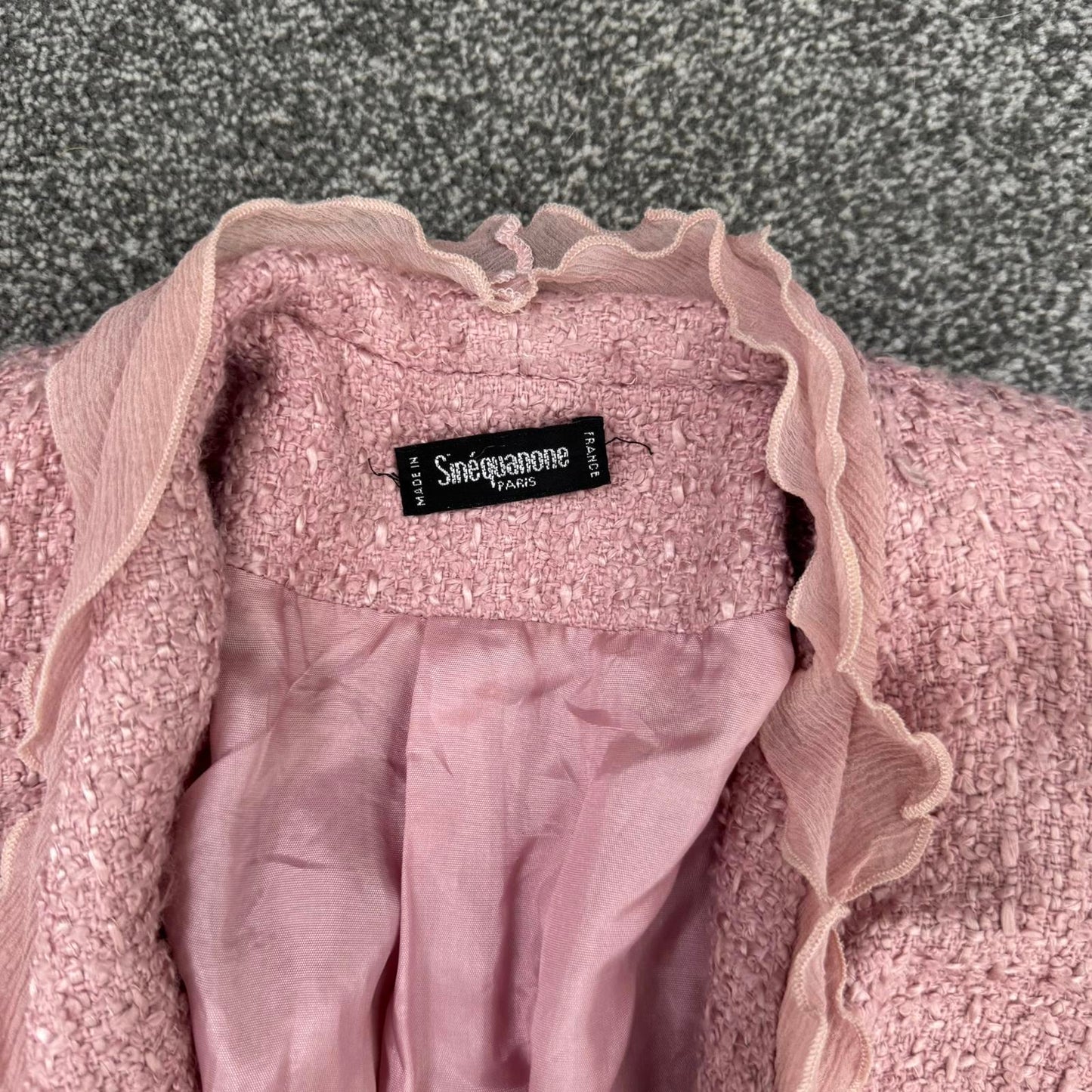 Y2K vintage wool blend long trench coat shoulder pads frill pink bow tweed