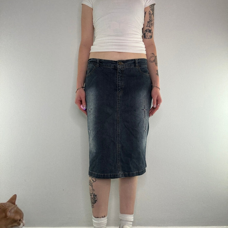 Y2K sparkle rhinestone faded denim midi skirt