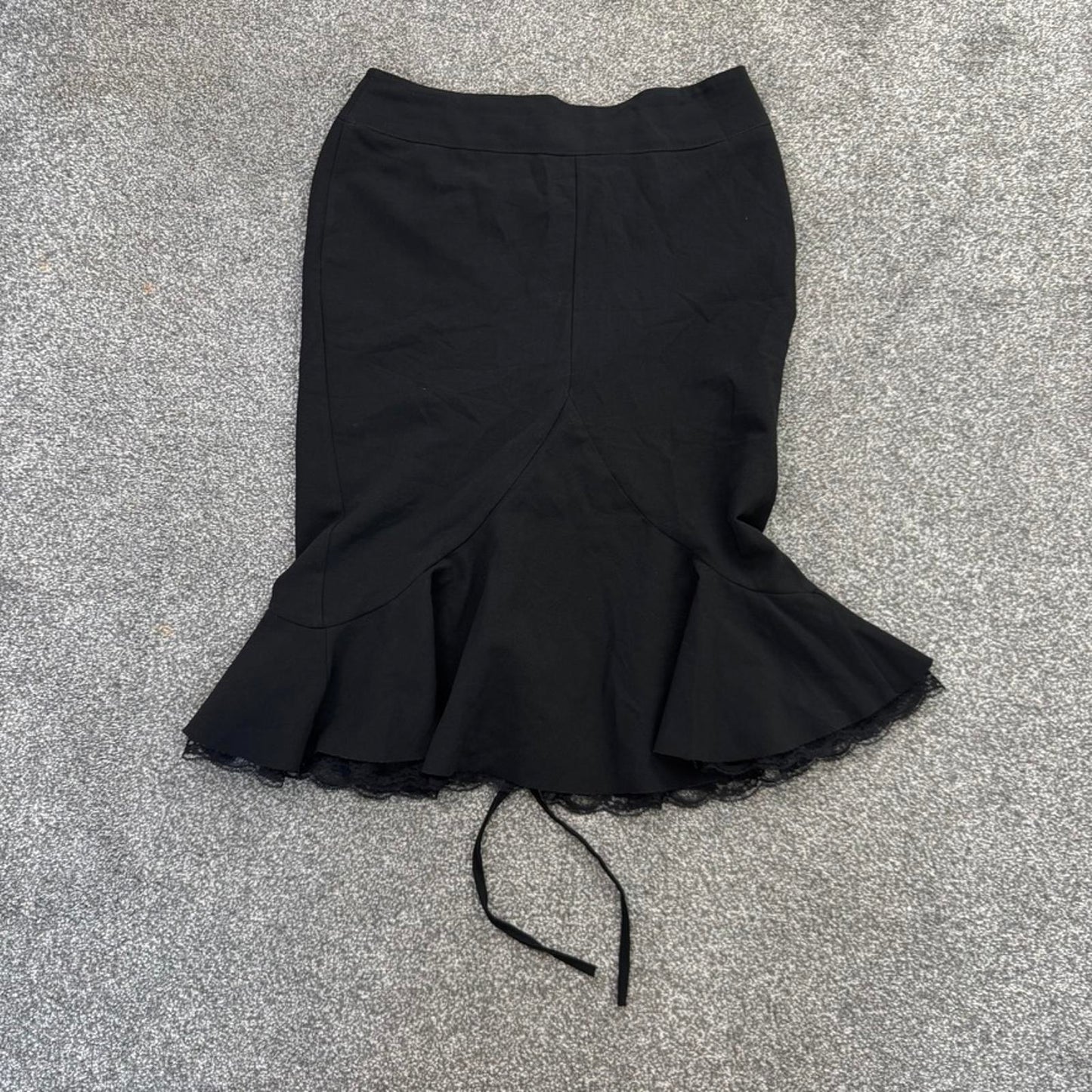 Y2K vintage stretchy ruched midi skirt bow lace trim a line ruffle fit flare hem
