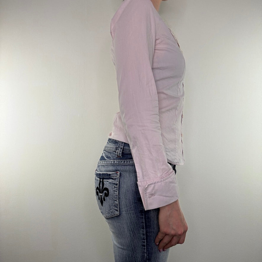 Y2K vintage fitted shirt long sleeve button up stretchy baby pink office formal