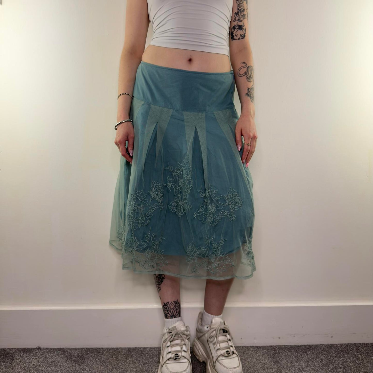 Y2K vintage mesh fishnet double layered midi skirt a line floral embroidered