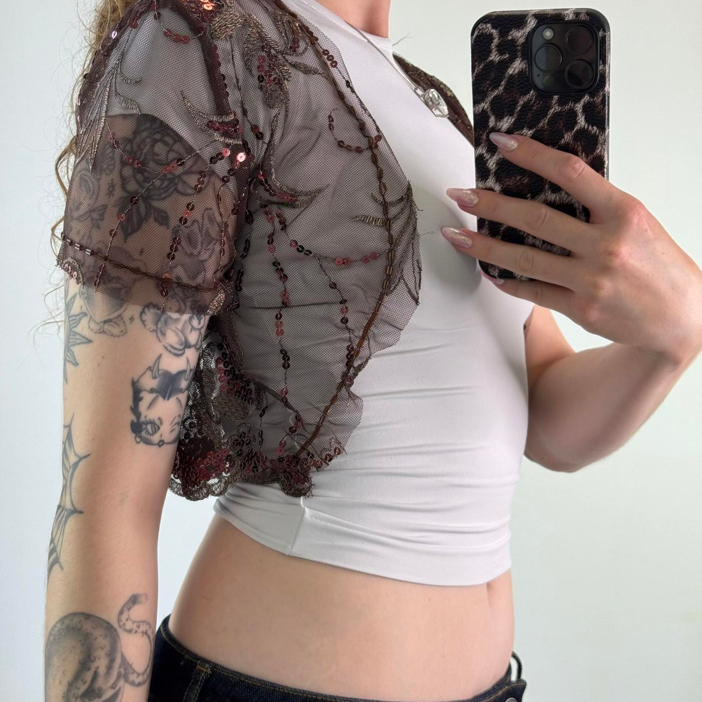 Y2K vintage mesh sequin cardigan short sleeve cropped open front scallop hem