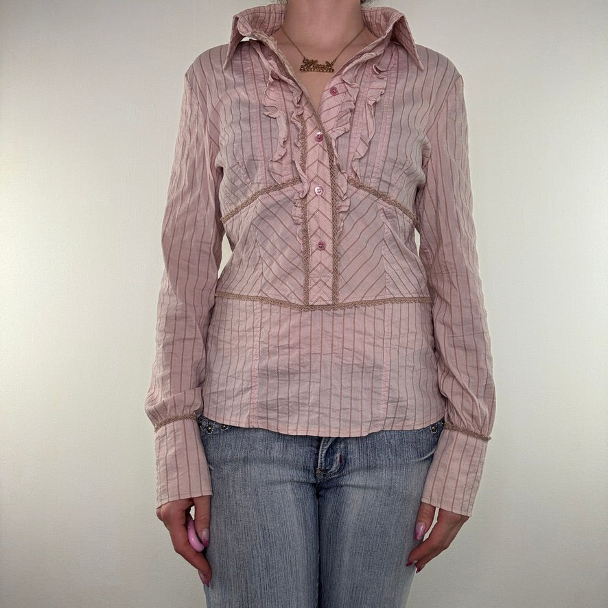Y2K vintage button up stretchy shirt frilly lace trim ruffle pinstripe archive