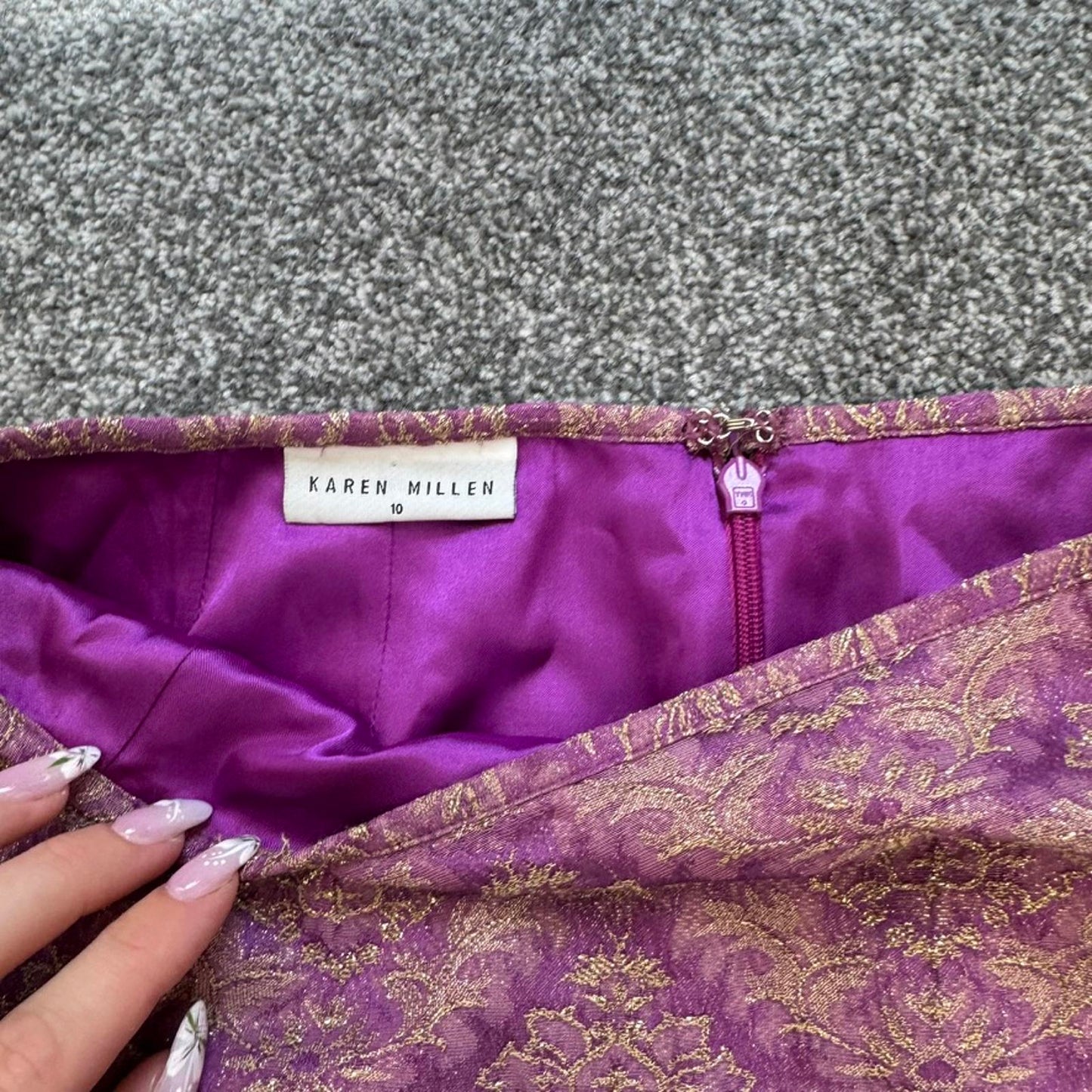 Y2K vintage Karen Millen maxi skirt brocade pattern floral gold purple
