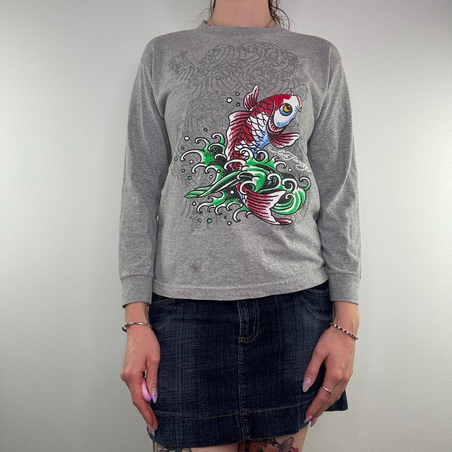 Y2K Ed Hardy koi carp graphic long sleeve top